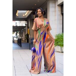 Mulla Mocha Swirl Wide Leg V Neck Jumpsuit US Women's L